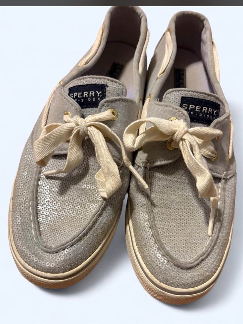 Sperry Light Grey Sequin-Accent Moccasins with Cream Laces